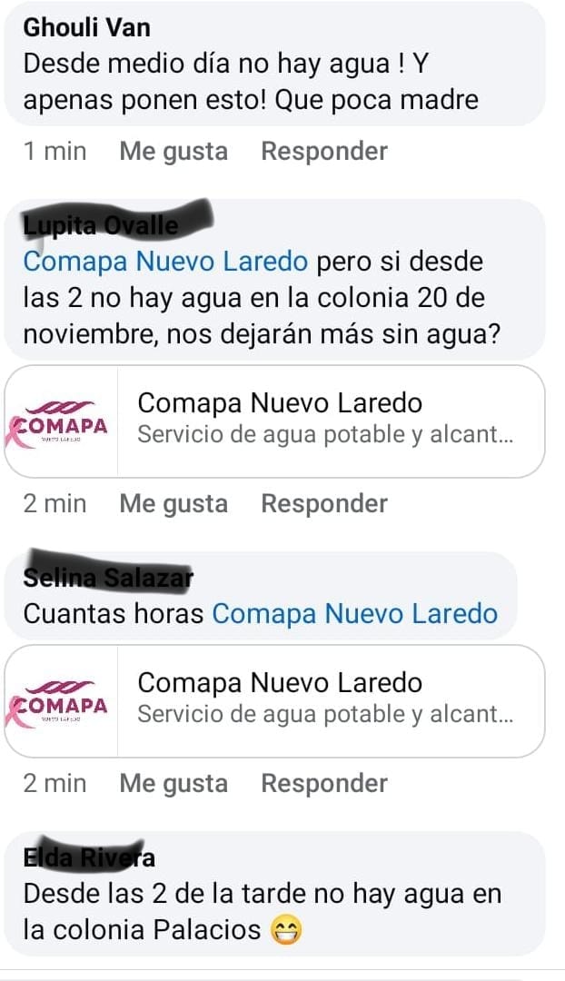 Siguen muchas colonias sin agua desde el pasado fin de semana: Un problema recurrente de la administración de Carmen Lilia Canturosas